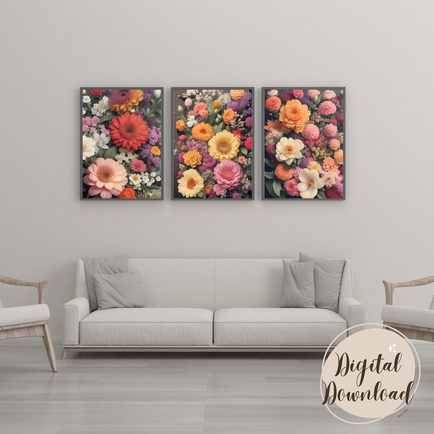 Printable of beautifull mix of flowers wall art, neutral muted colours, watercolour, artful boho wall decoration, printable floral digital art