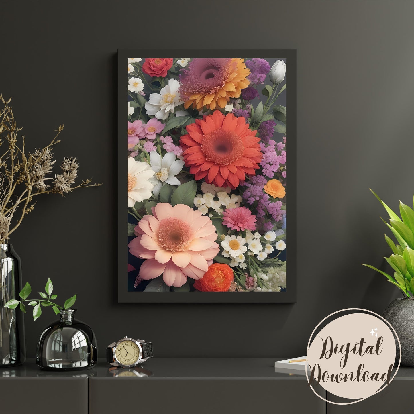 Printable of beautifull mix of flowers wall art, neutral muted colours, watercolour, artful boho wall decoration, printable floral digital art