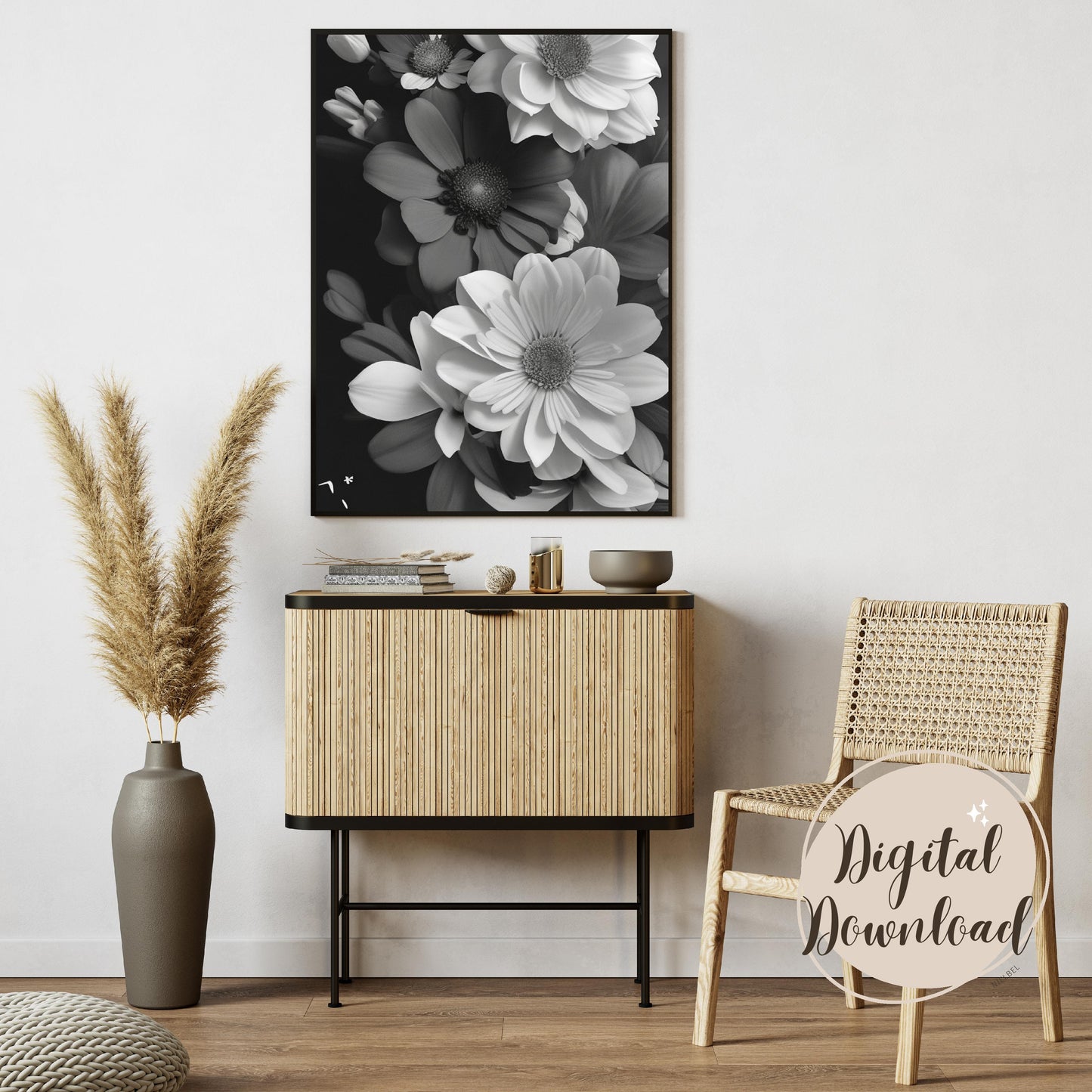 Printable wall art, Black and White beautifull print, Wildflower prints, artful boho wall decoration