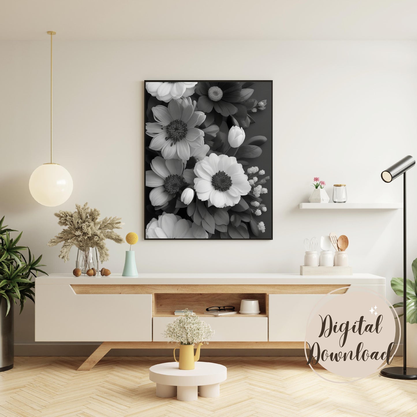 Printable wall art, Black and White beautifull print, Wildflower prints, artful boho wall decoration