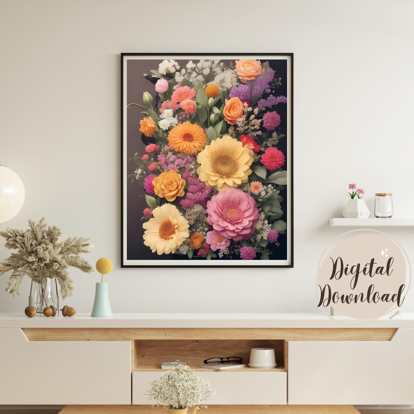 Printable of beautifull mix of flowers wall art, neutral muted colours, watercolour, artful boho wall decoration, printable floral digital art