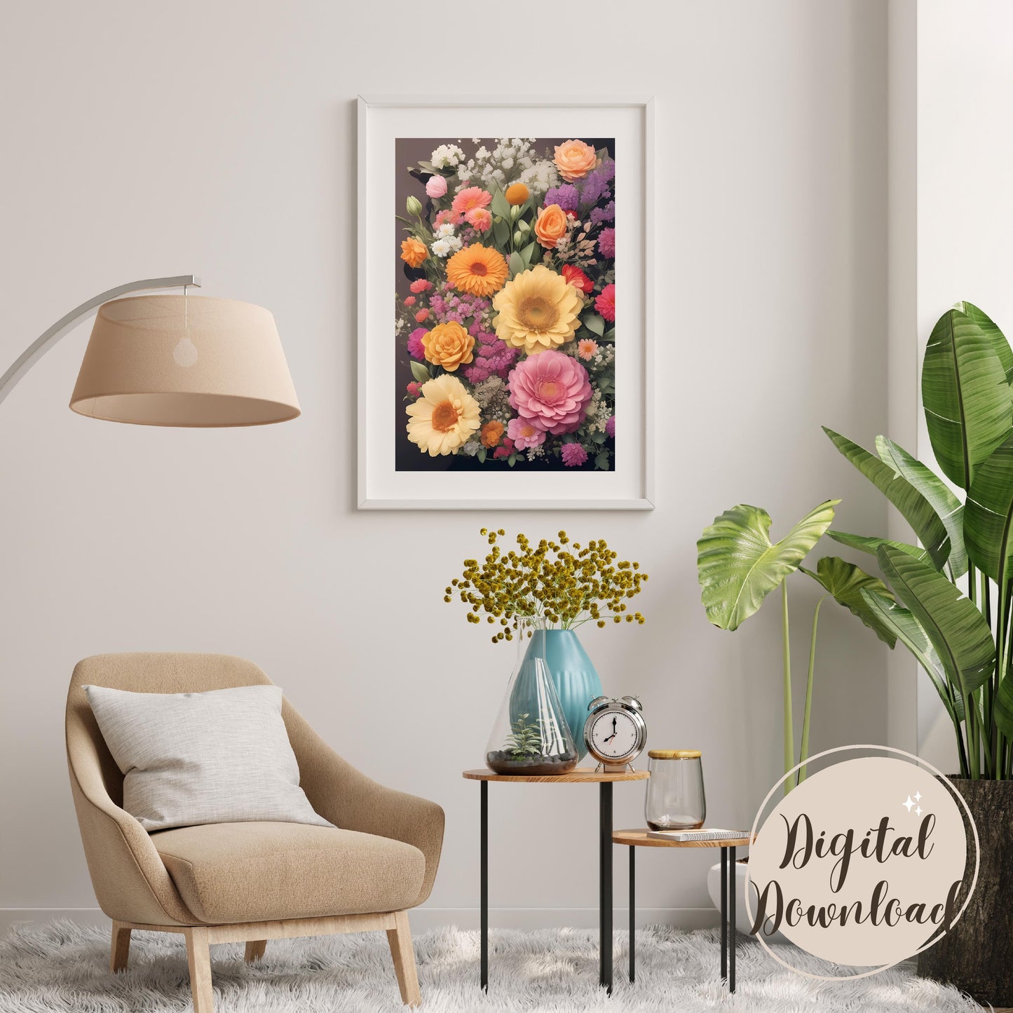 Printable of beautifull mix of flowers wall art, neutral muted colours, watercolour, artful boho wall decoration, printable floral digital art