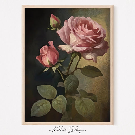 Vintage Rose Print, Printable Roses Wall Decor, oil painting original vintage, botanical art poster, Vintage Oil Painting, rose oil painting, DIGITAL DOWNLOAD