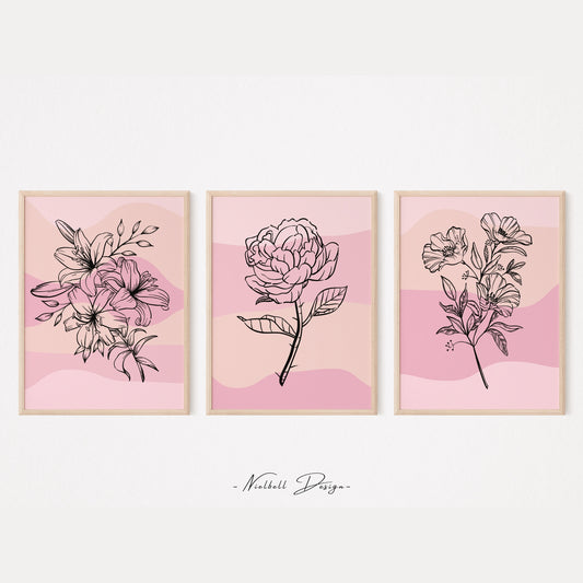 Flowers Wall Art Set Of 3 Pink Bedroom Wall Art Rose Garden Wall Art Blush Pink Art Living Room Pink Home Decor DIGITAL DOWNLOAD