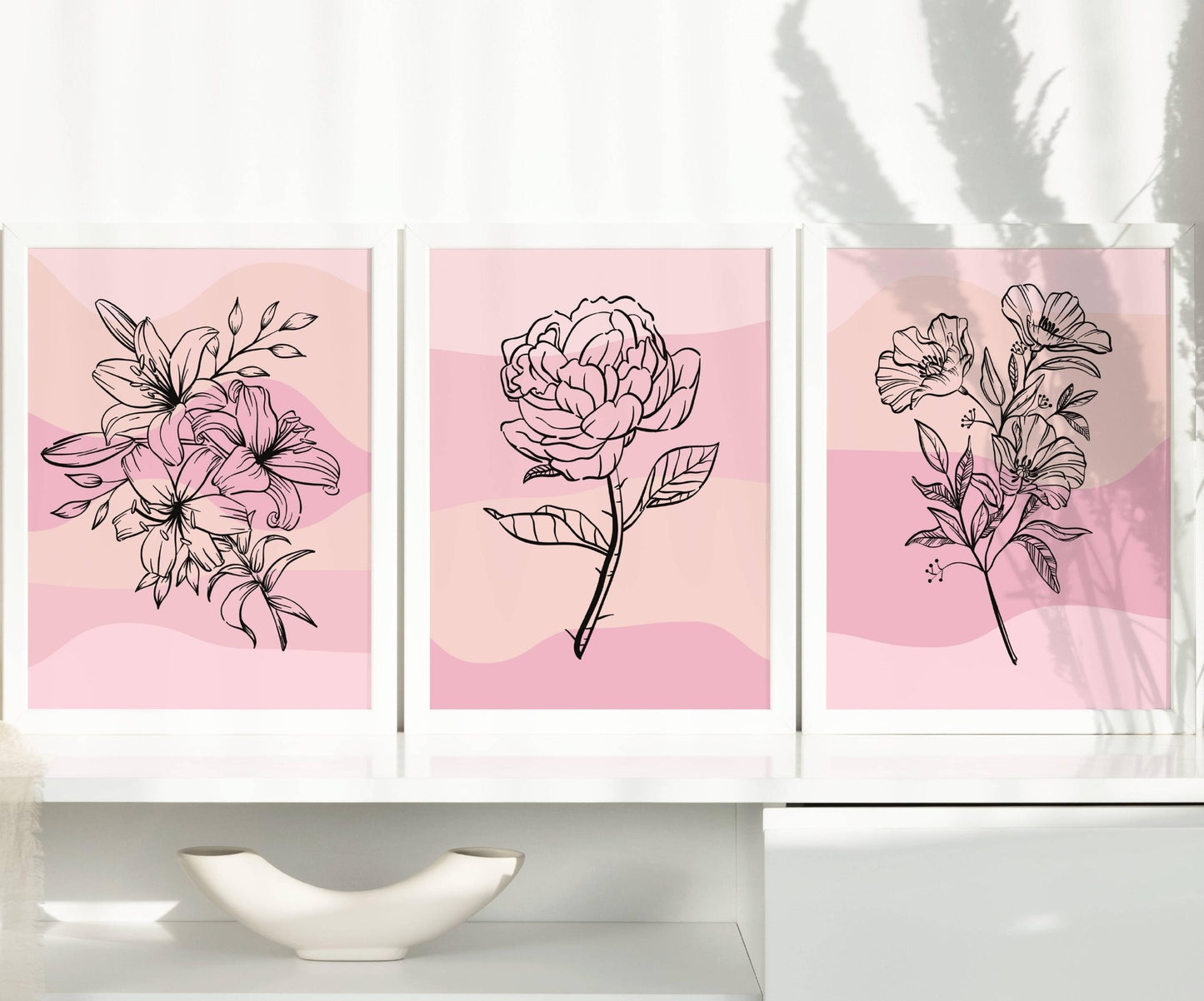 Flowers Wall Art Set Of 3 Pink Bedroom Wall Art Rose Garden Wall Art Blush Pink Art Living Room Pink Home Decor DIGITAL DOWNLOAD