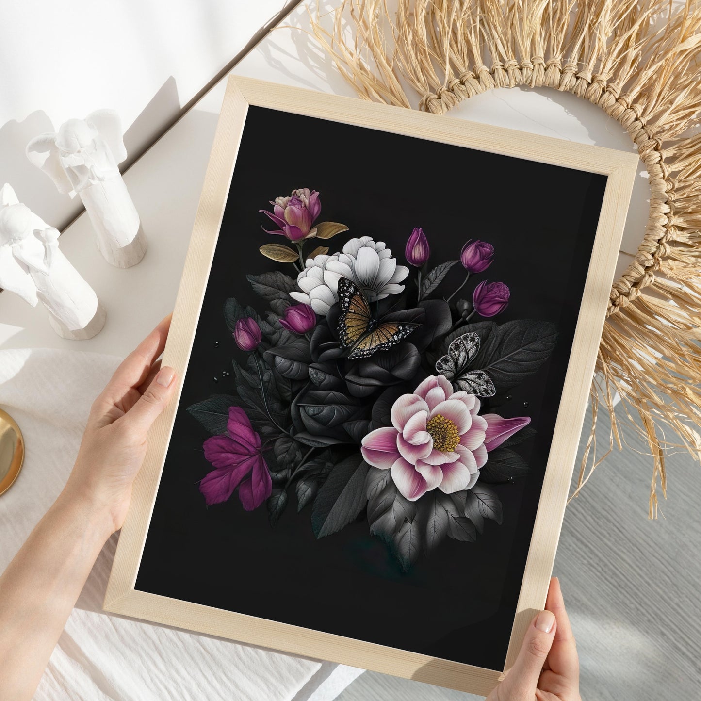 Dark Floral Print  Dark Butterfly Print Moody Pink Peonies Painting Vintage Art Print Flower Print Roses Print Flower Photography – DIGITAL DOWNLOAD