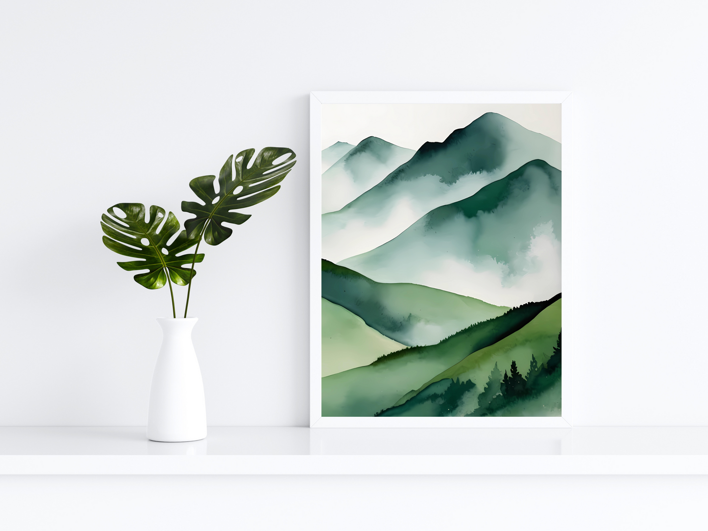 Watercolor Forest Poster,Green Trees Wall Art,Nature Serenity Watercolor  Landscape Mountain Canvas wall art,Modern Botanical wall art.12x16 inch