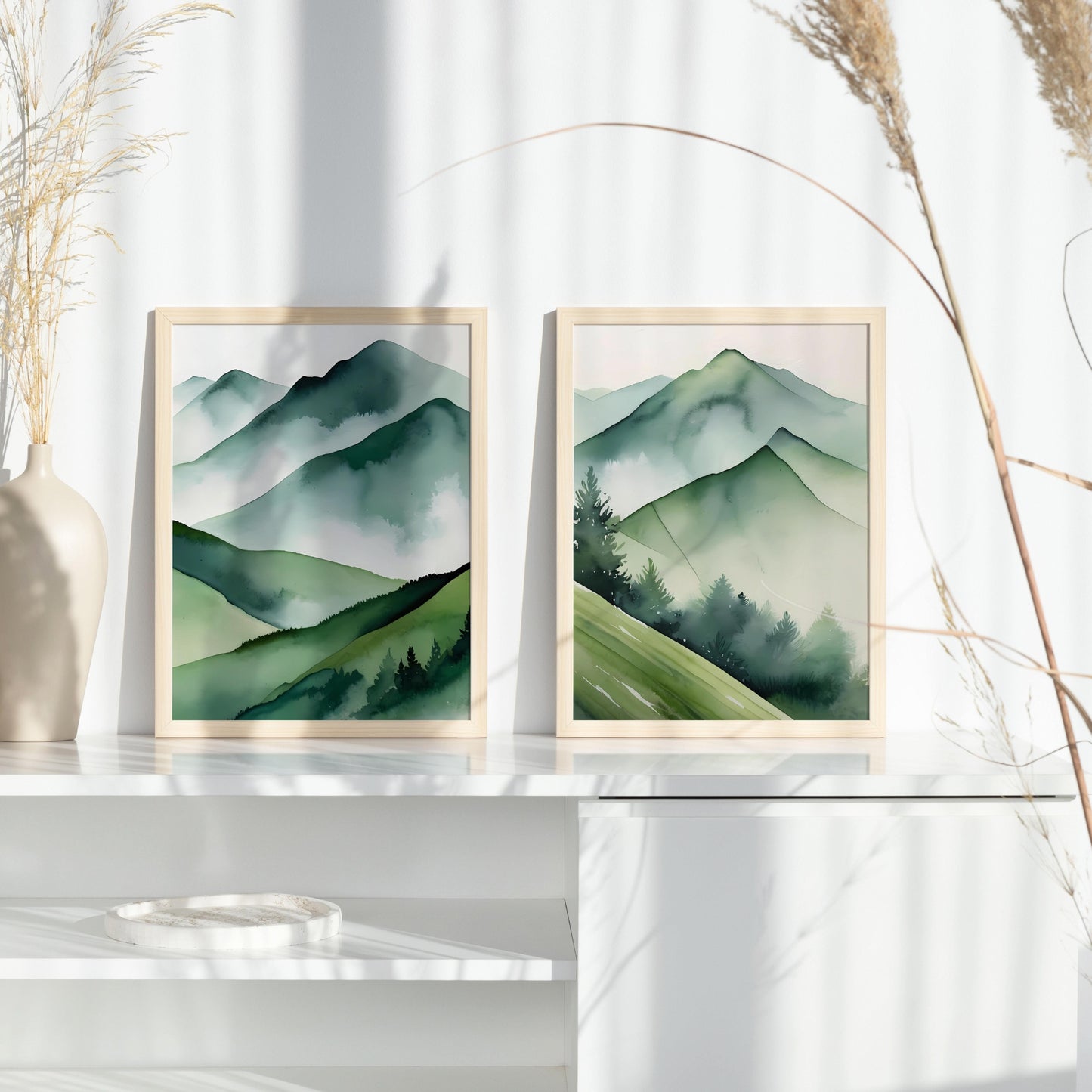 Mountain print Watercolor Forest Landscape Wall art Set of 3 Green Prints Abstract Nature Print Sage Green Mountain 3 Piece Wall Art