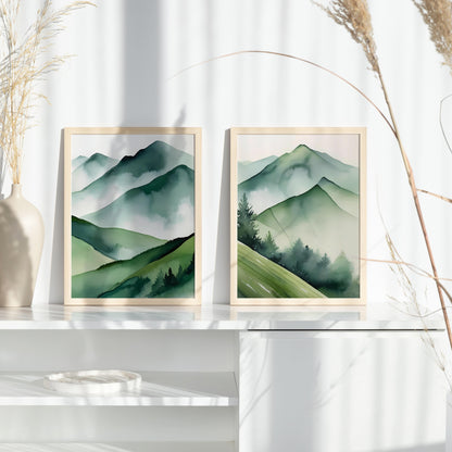 Mountain print Watercolor Forest Landscape Wall art Set of 3 Green Prints Abstract Nature Print Sage Green Mountain 3 Piece Wall Art