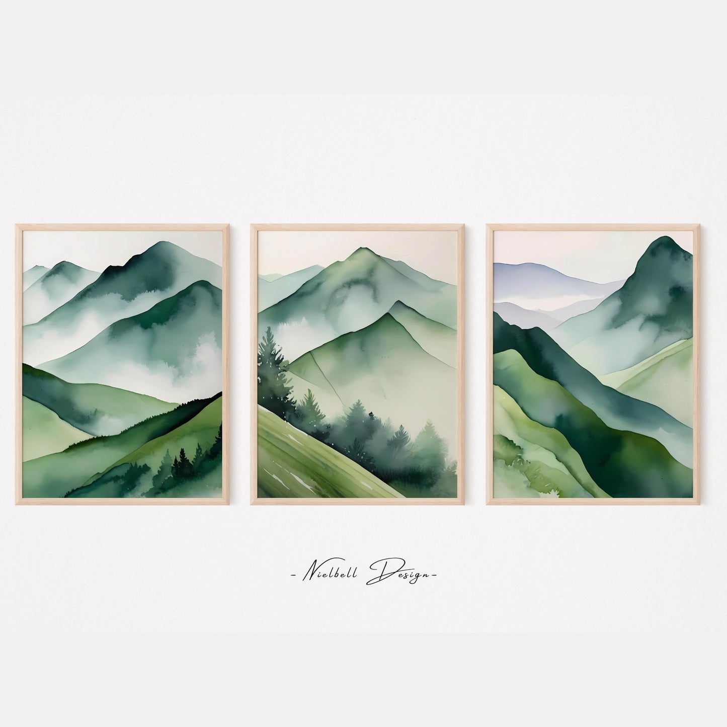 Mountain print Watercolor Forest Landscape Wall art Set of 3 Green Prints Abstract Nature Print Sage Green Mountain 3 Piece Wall Art